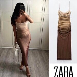 Zara Ombre Ruched Slip Midi Dress — Beige to Brown